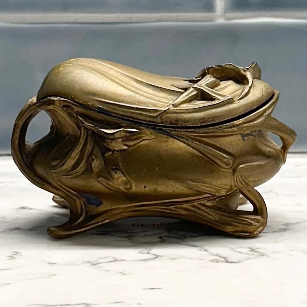 Antique NB Rogers Art Nouveau Gold Finish Jewelry Casket Trinket Box Pink Satin
